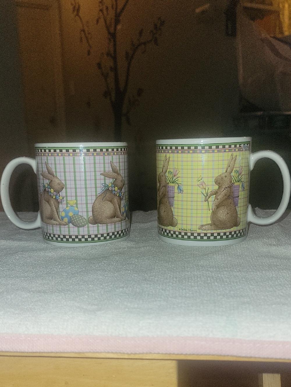 Sakura Ceramic Bunny Mug Set 'Easter' Pastel Green, Pink, & Yellow Plaid Vintage